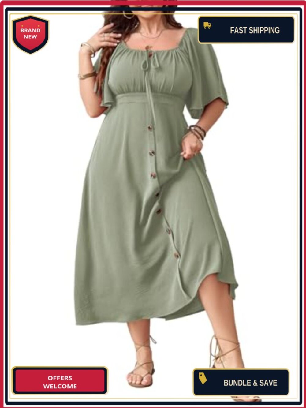 Plus Size Boho Maxi Dress with Button Down, Square Neck, Short Sleeve, Smocked